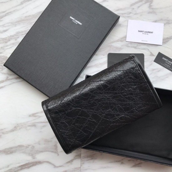 Replica Portafoglio grande YSL Saint Laurent Niki in pelle nera increspata vintage