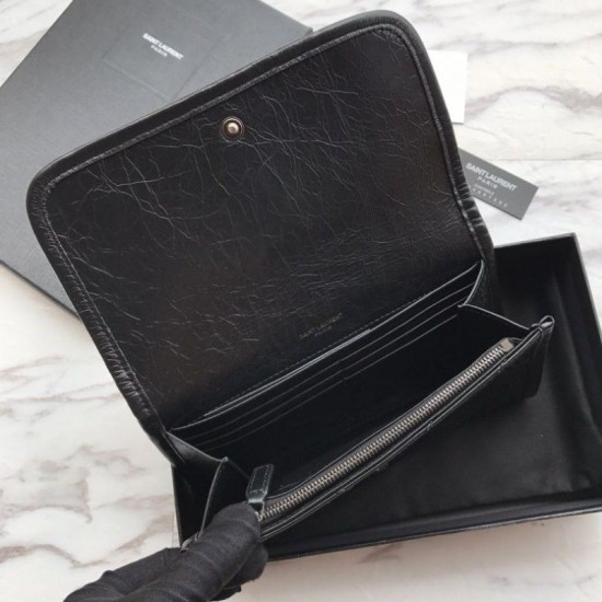 Replica Portafoglio grande YSL Saint Laurent Niki in pelle nera increspata vintage