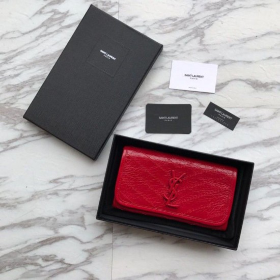 Replica Portafoglio grande YSL Saint Laurent Niki in pelle increspata vintage rosso