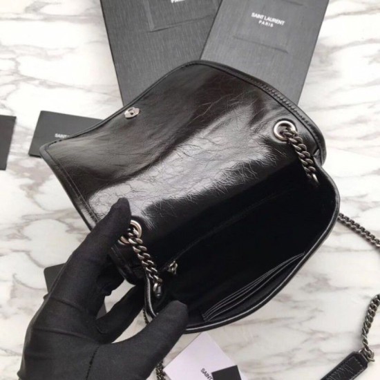 Replica Portafoglio a catena YSL Saint Laurent Niki in pelle nera increspata vintage