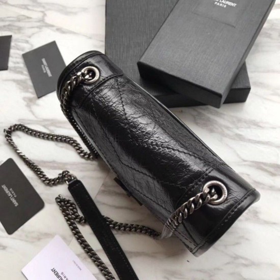 Replica Portafoglio a catena YSL Saint Laurent Niki in pelle nera increspata vintage