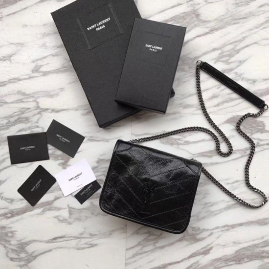 Replica Portafoglio a catena YSL Saint Laurent Niki in pelle nera increspata vintage
