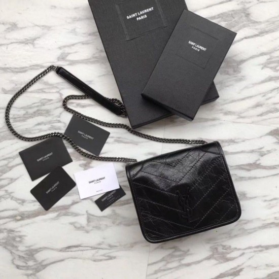 Replica Portafoglio a catena YSL Saint Laurent Niki in pelle nera increspata vintage