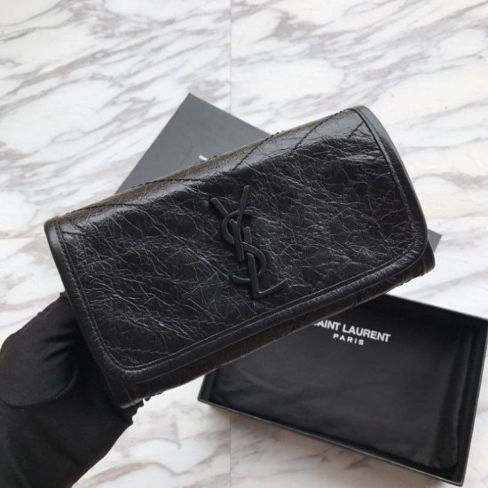 Replica Portafoglio grande YSL Saint Laurent Niki in pelle nera increspata vintage