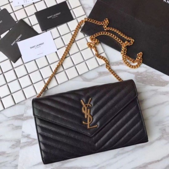 Replica YSL Saint Laurent Granulato Matelasse Chain Portafoglio Nero
