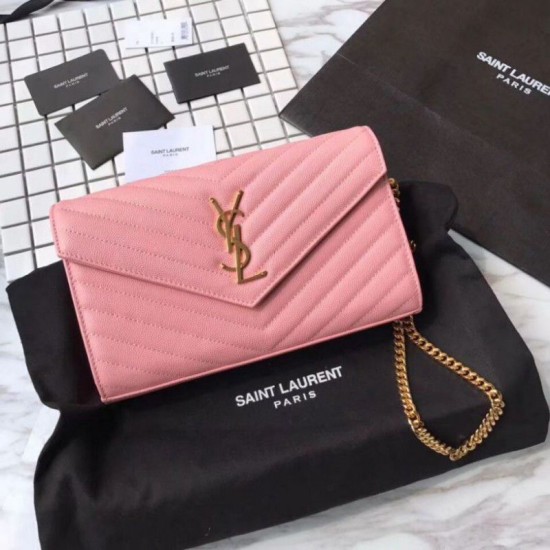 Replica YSL Saint Laurent Granulato Matelasse Chain Portafoglio Rosa