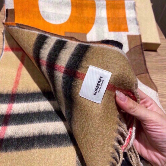 Replica Scialle Burberry in lana e cashmere con motivo check double face e logo 30 x 180 arancione