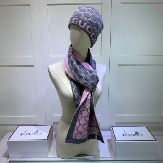 Replica Classic Cashmere Jacquard Sciarpa e Cappello Rosa / Grigio