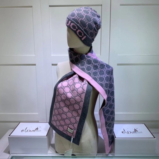 Replica Classic Cashmere Jacquard Sciarpa e Cappello Rosa / Grigio