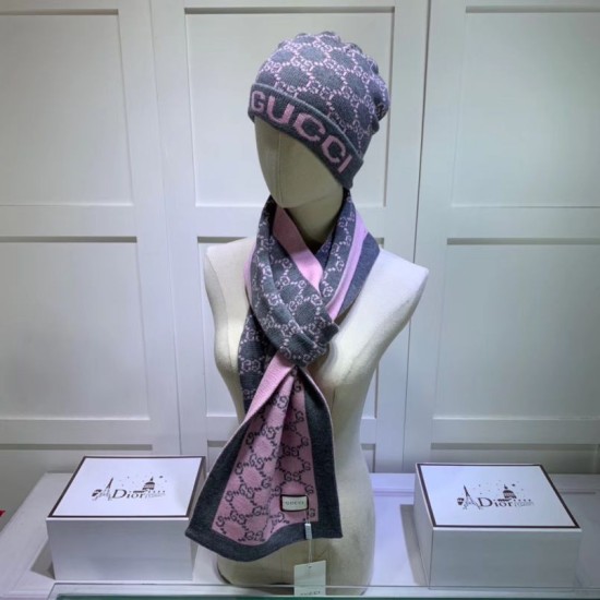 Replica Classic Cashmere Jacquard Sciarpa e Cappello Rosa / Grigio