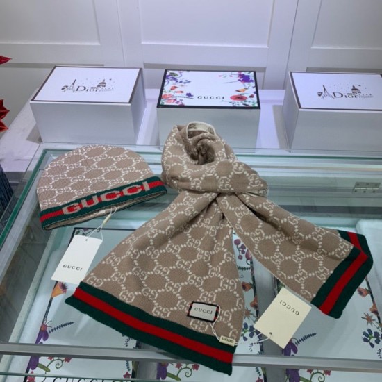Replica Sciarpa e cappello classici in jacquard cashmere marrone / rosso