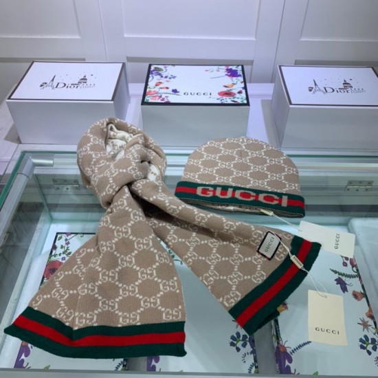 Replica Sciarpa e cappello classici in jacquard cashmere marrone / rosso